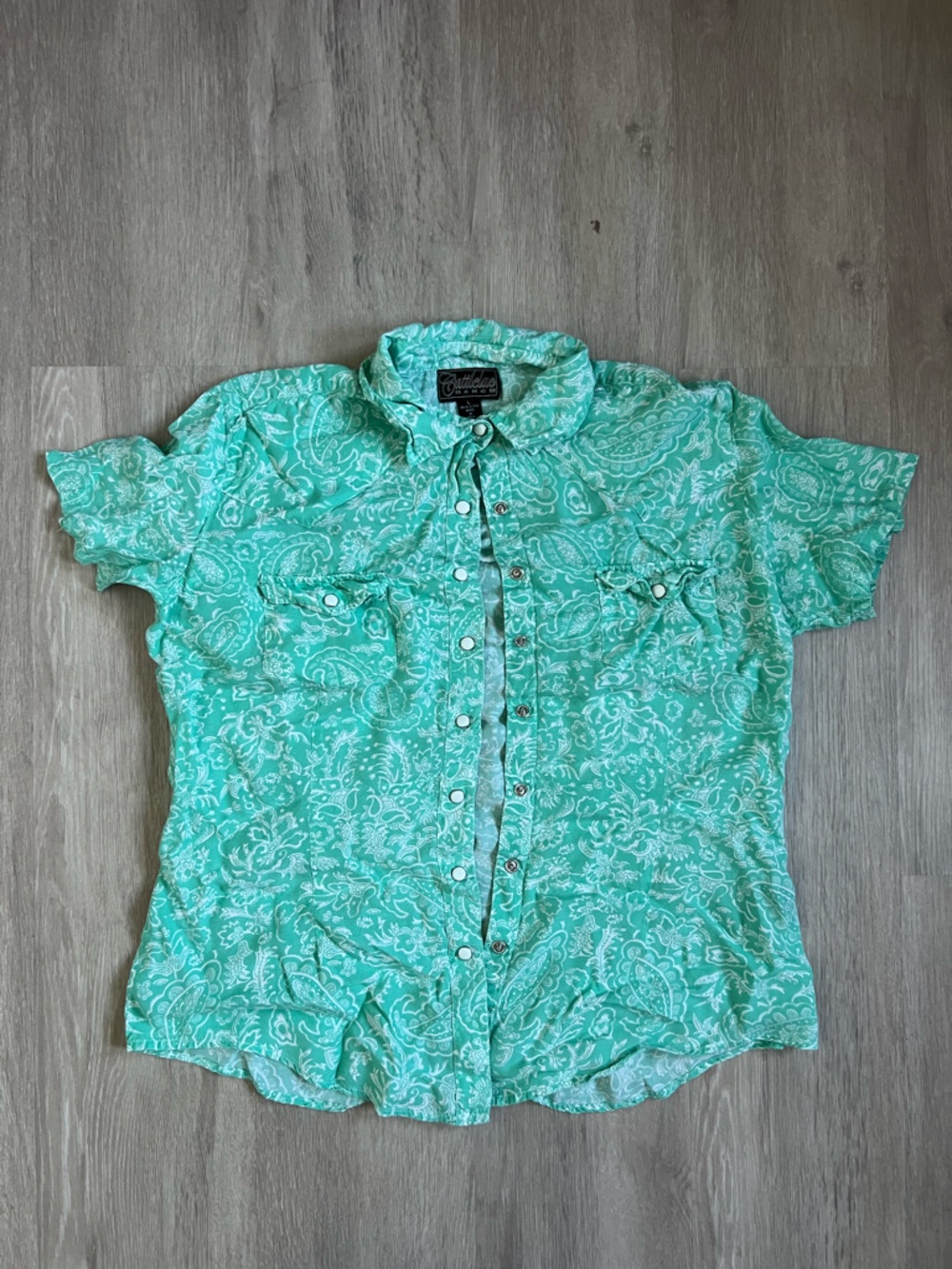 Cattlelac Ranch Paisley Pearl Snap Short Sleeve Shirt Teal White Large